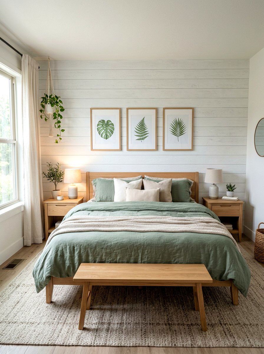 Bedroom Shiplap Accent Wall With Botanical Art - 25 Spring Shiplap Wall Decor Ideas