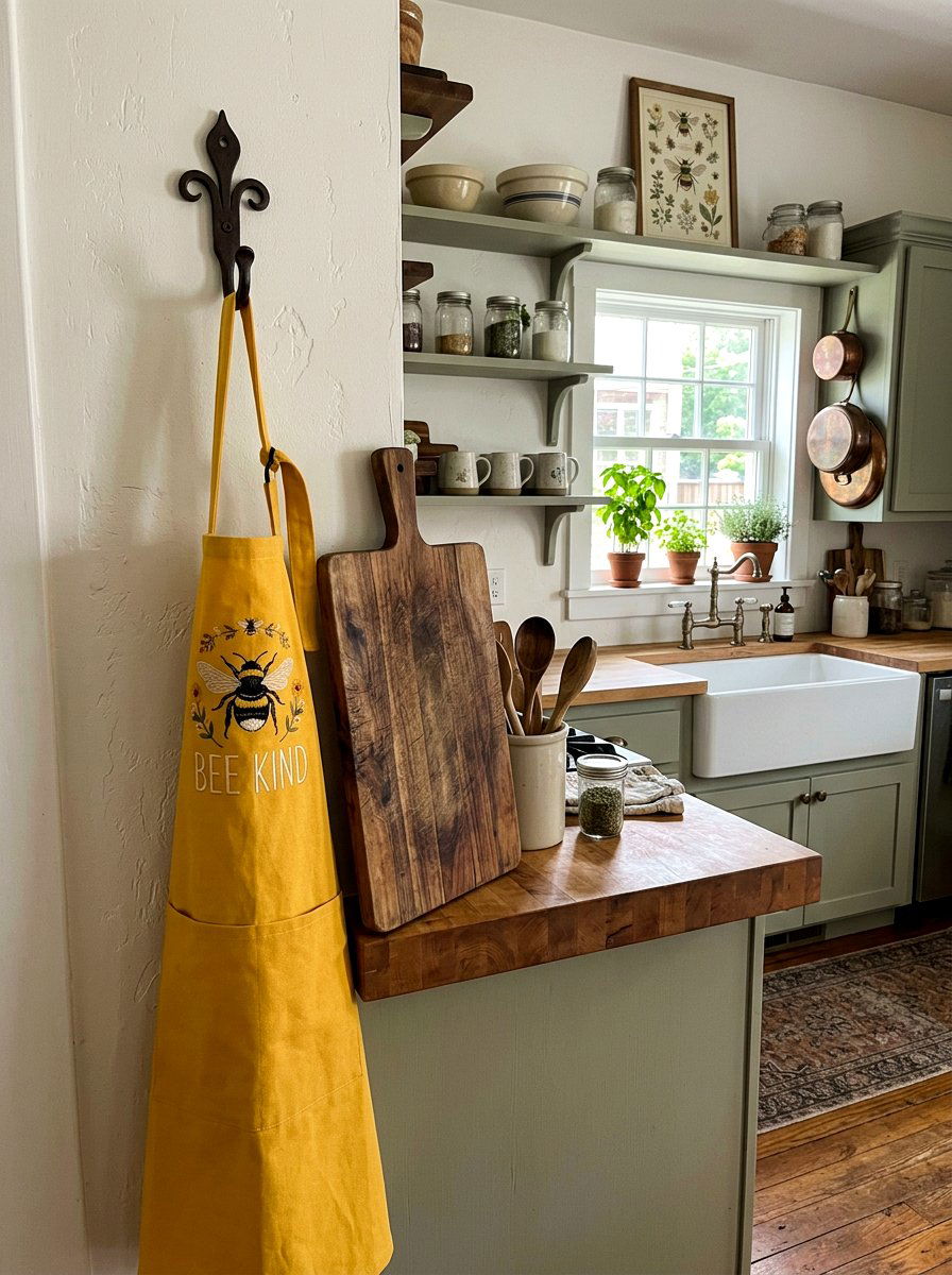 Bee Embroidered Apron Display - 25 Spring Bee Decor Ideas for Kitchen