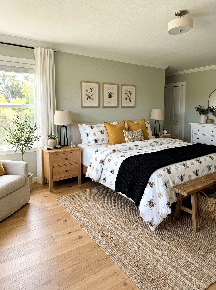 Bee print bedroom bedding - 25 Spring Bee Decor Ideas
