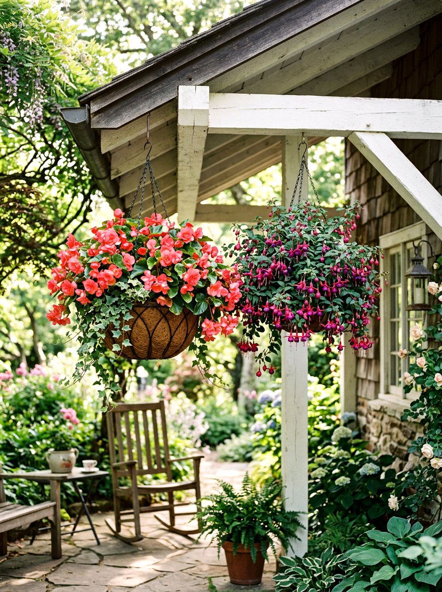 Begonia And Fuchsia Baskets - 25 Spring Patio Planter Arrangement Ideas