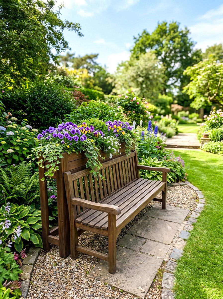 Bench With Flower Boxes - 25 Spring Garden Bench Decor Ideas