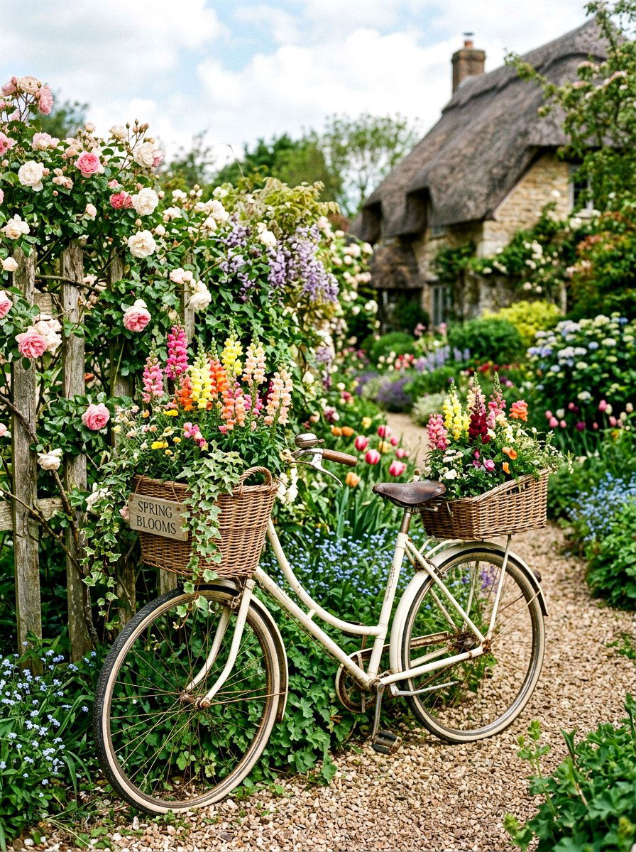 Bicycle Flower Basket Decor - 25 Spring Planter Decorating Ideas