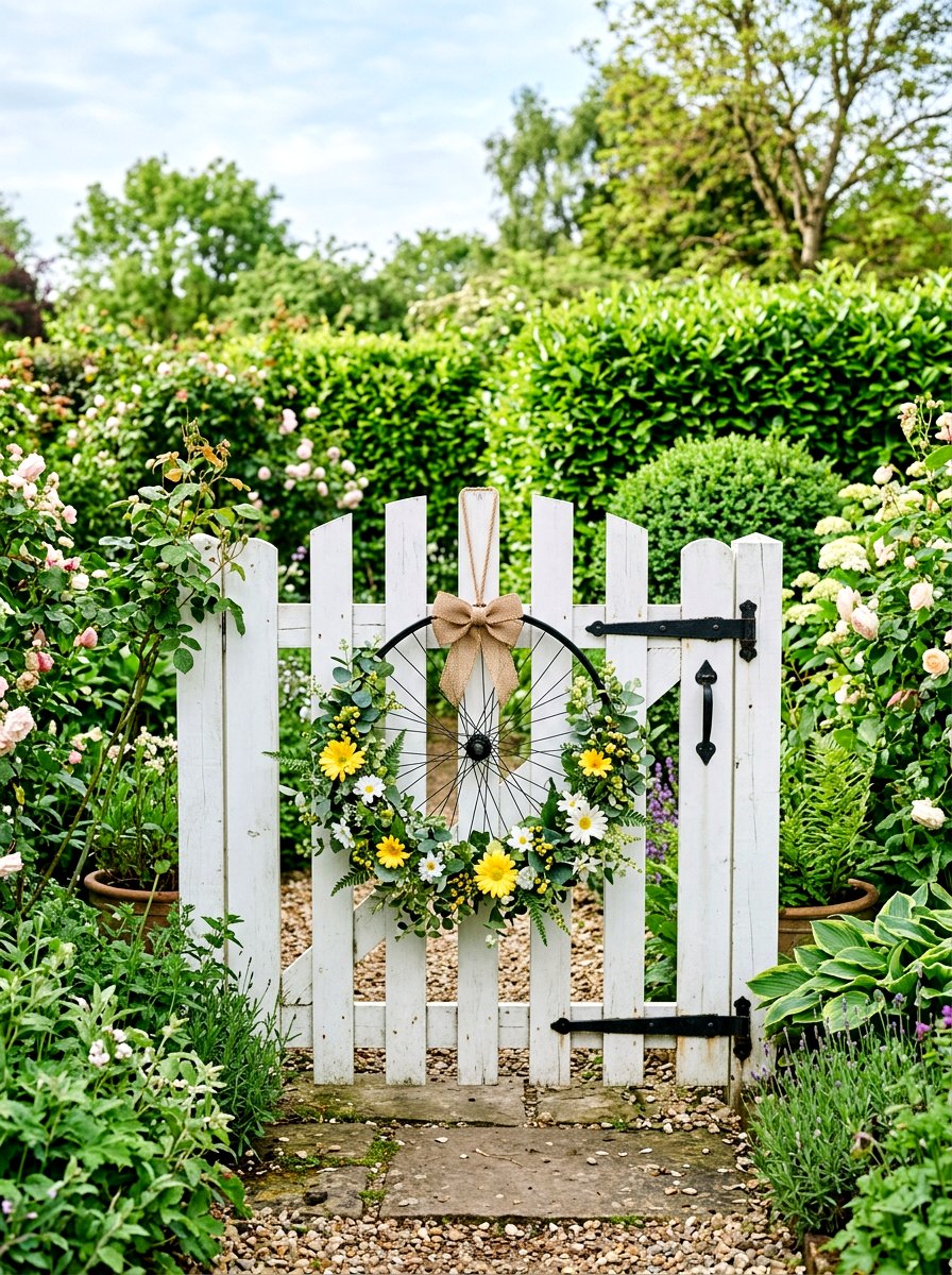 Bicycle Wheel Spring Wreath - 25 Spring Upcycled Decor Ideas