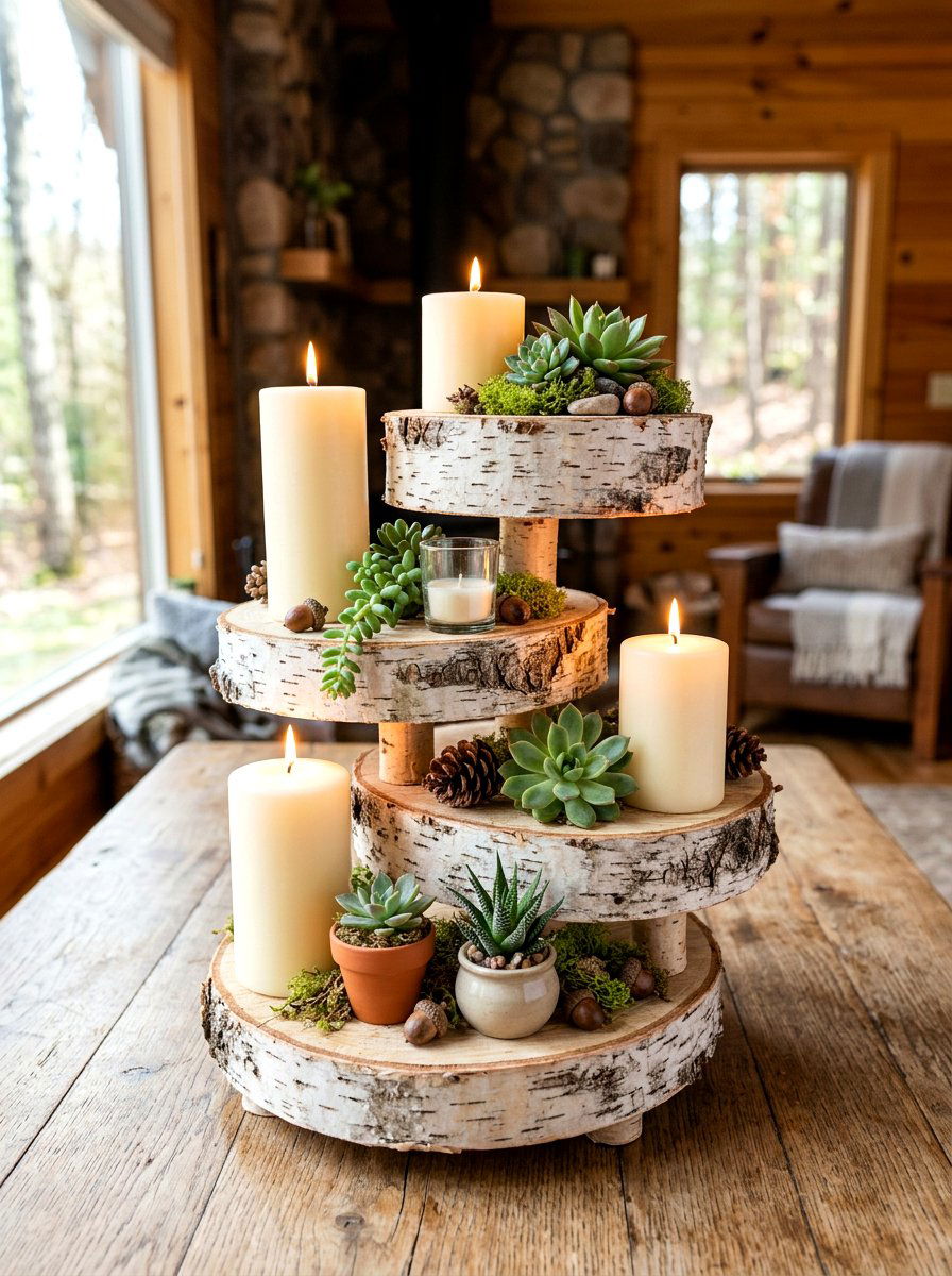 Birch Wood Slice Pillar Display - 25 Spring Candle Centerpiece Ideas