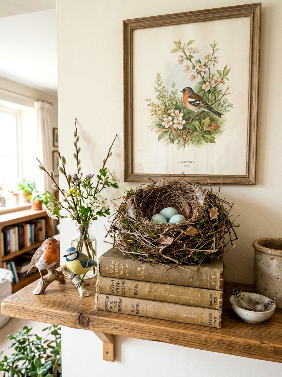 Bird And Nest Spring Theme - 25 Spring Sofa Table Decor Ideas