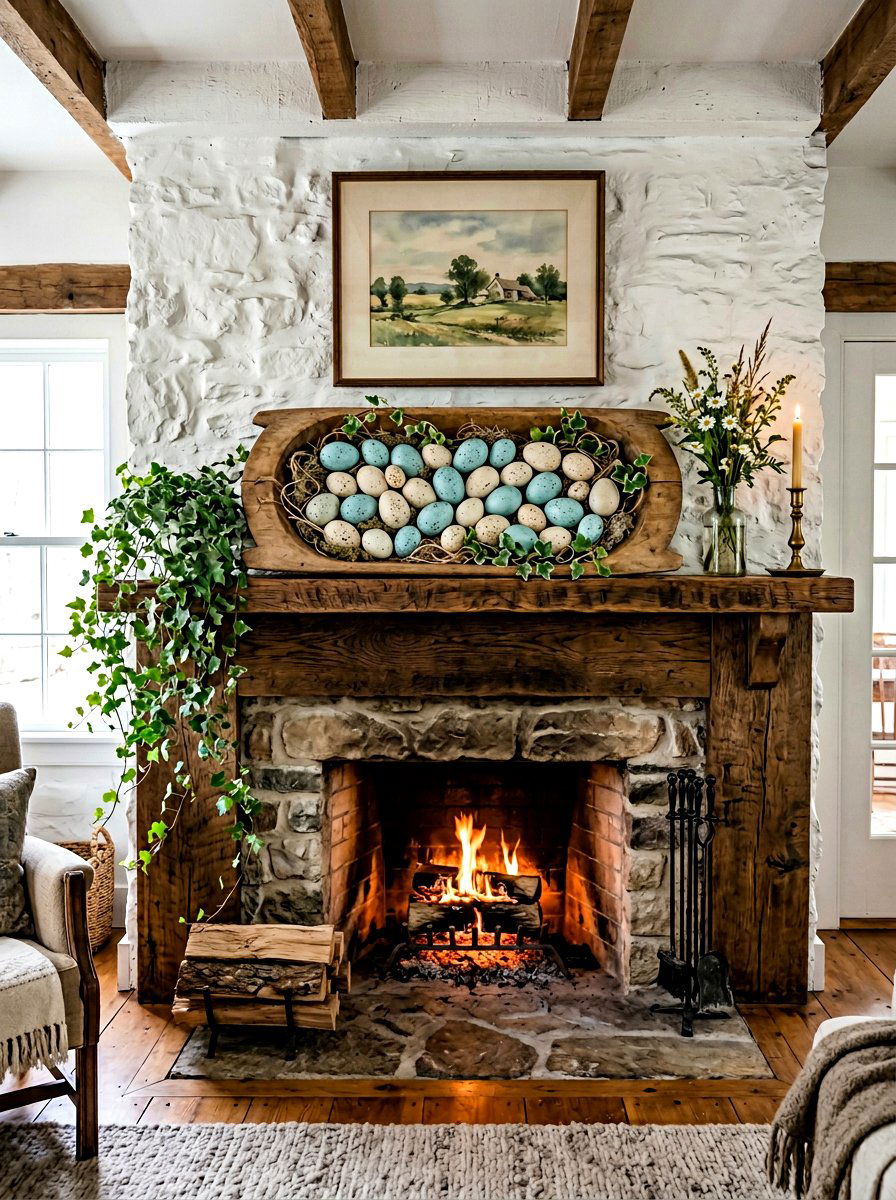 Bird Eggs In Mantel Bowl - 25 Spring Mantel Vignette Ideas