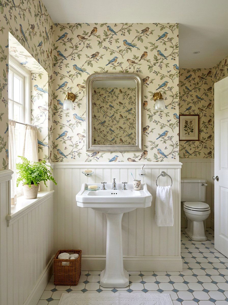 Bird Motif Wallpaper Bathroom - 25 Spring Powder Room Decor Ideas