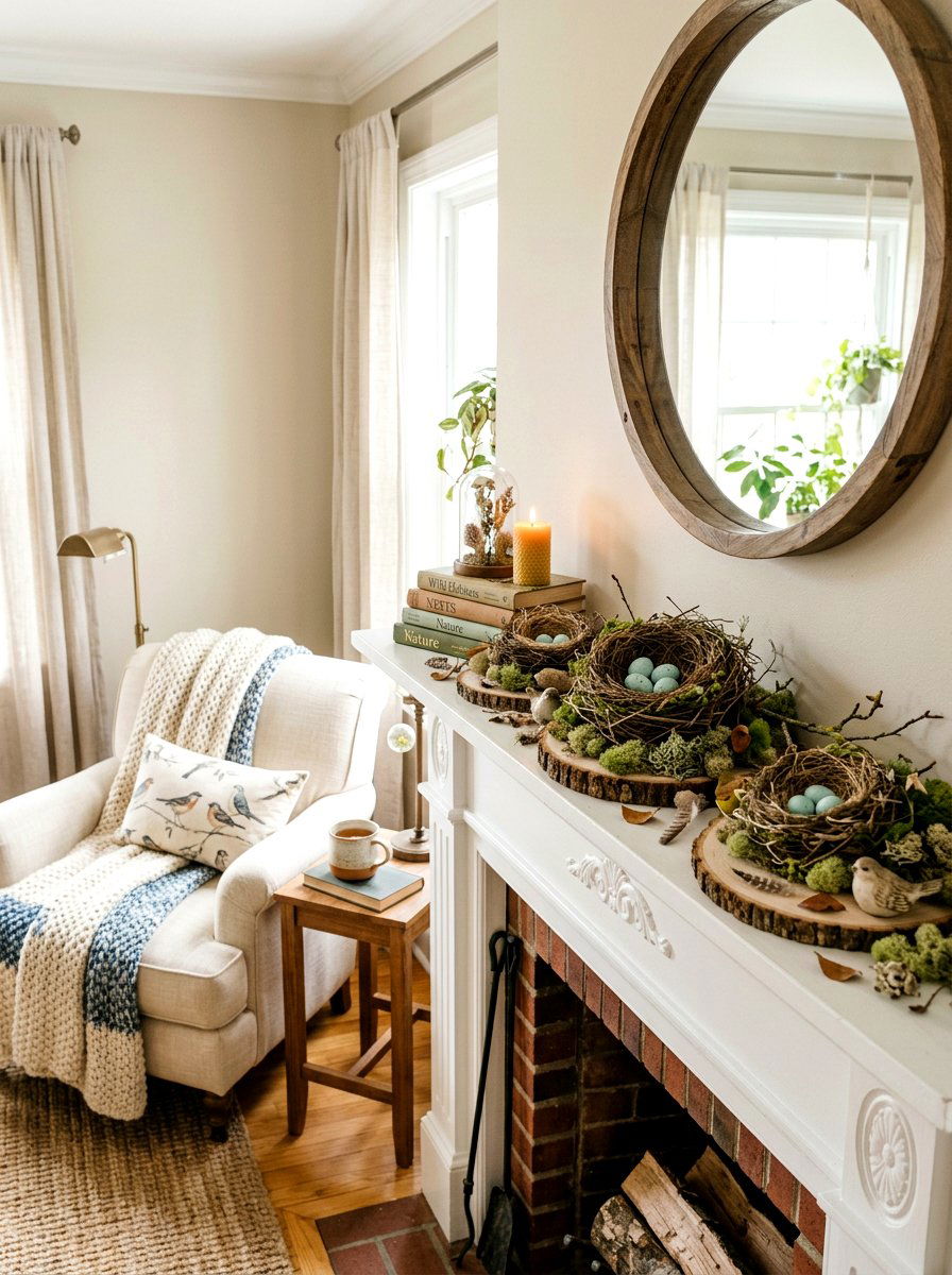 Bird Nest Decorative Accents - 25 Spring Fireplace Decor Ideas