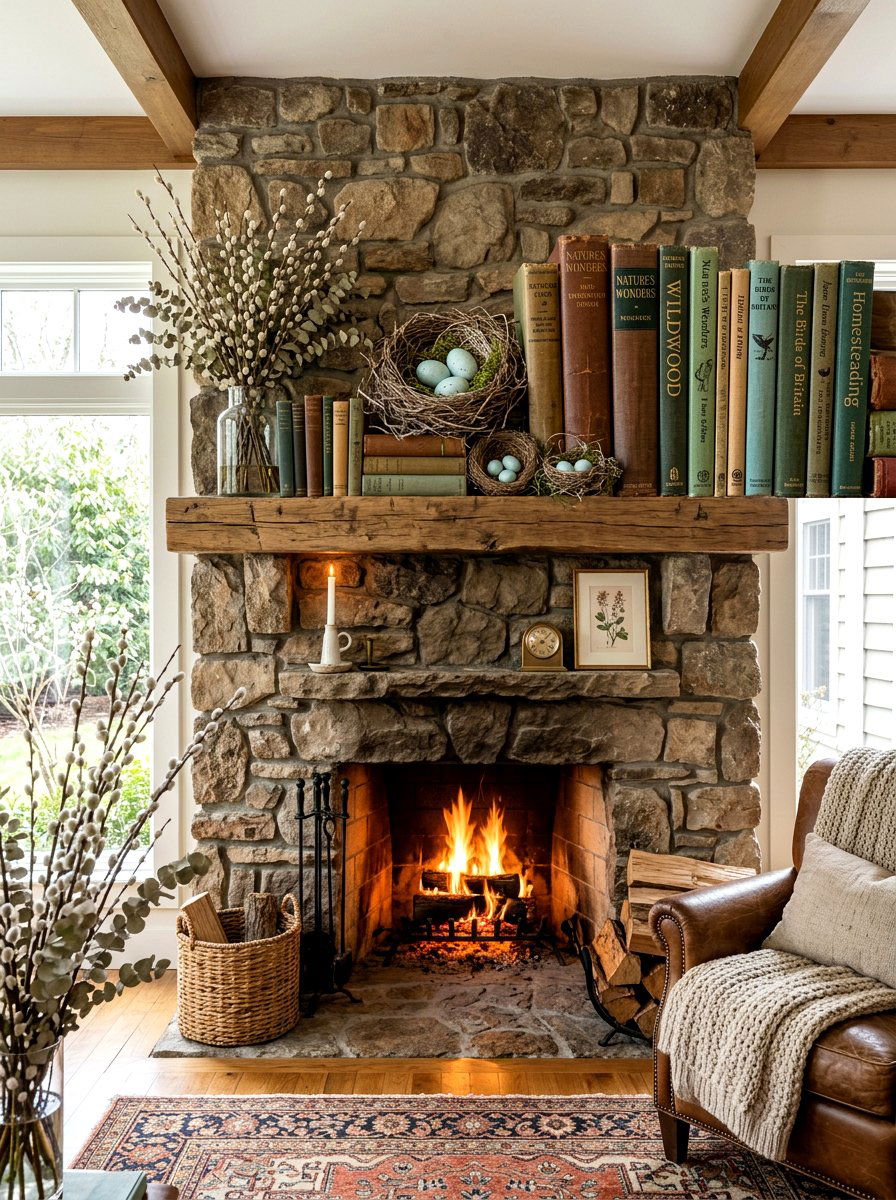Bird Nest Mantel - 25 Spring Stone Fireplace Decor Ideas