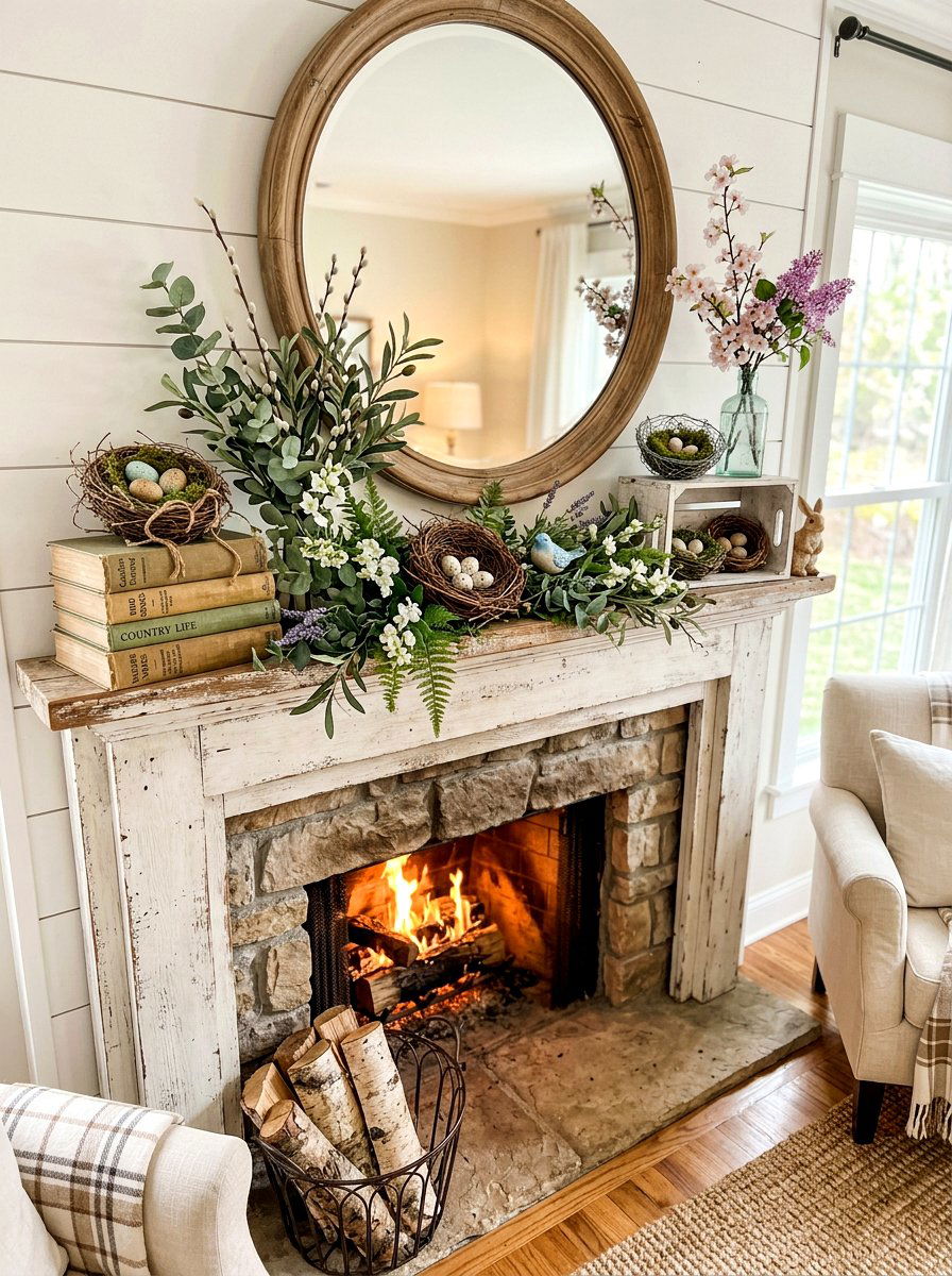 Bird Nest Mantel - 25 Spring Farmhouse Fireplace Ideas