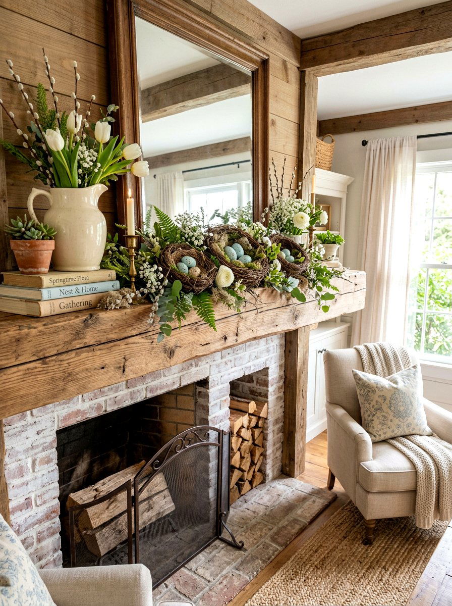 Bird Nest Spring Mantel - 25 Spring Mantel Styling Ideas