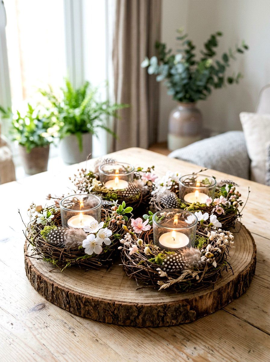 Bird Nest Tea Light Display - 25 Spring Candle Centerpiece Ideas