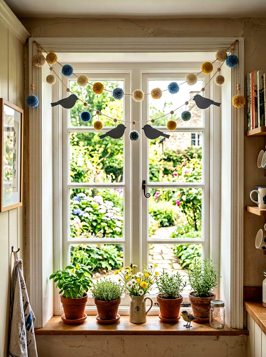 Bird Pom Pom Garland Window Display - 25 Spring Pom Pom Garland Ideas