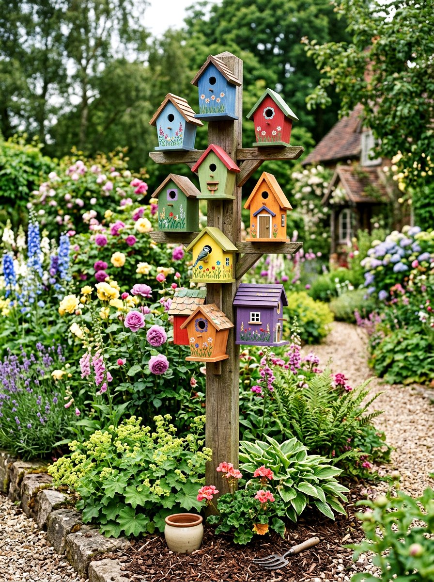 Bird house display - 25 Garden Spring Decor Ideas