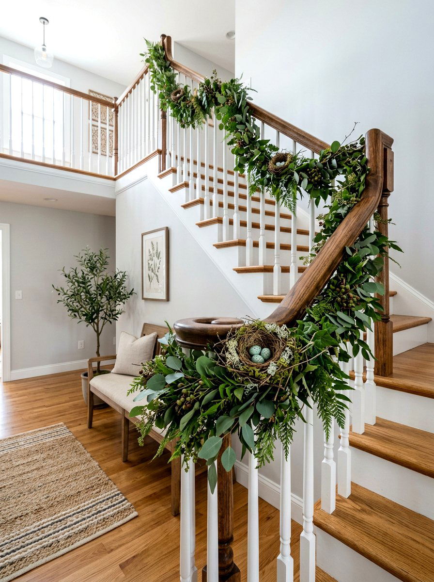 Bird nest and moss accents - 25 Spring Staircase Decor Ideas
