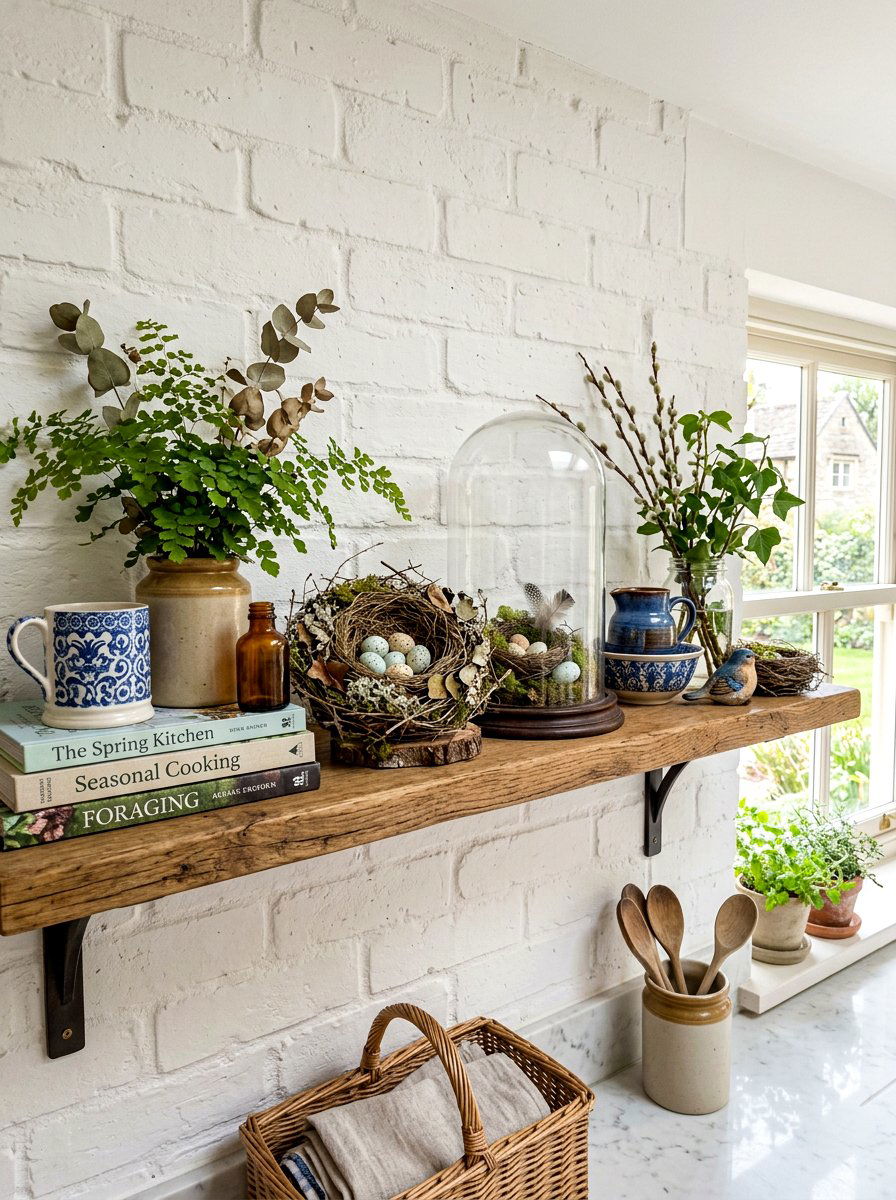 Bird nest decorative accents - 25 Spring Kitchen Shelf Decor Ideas