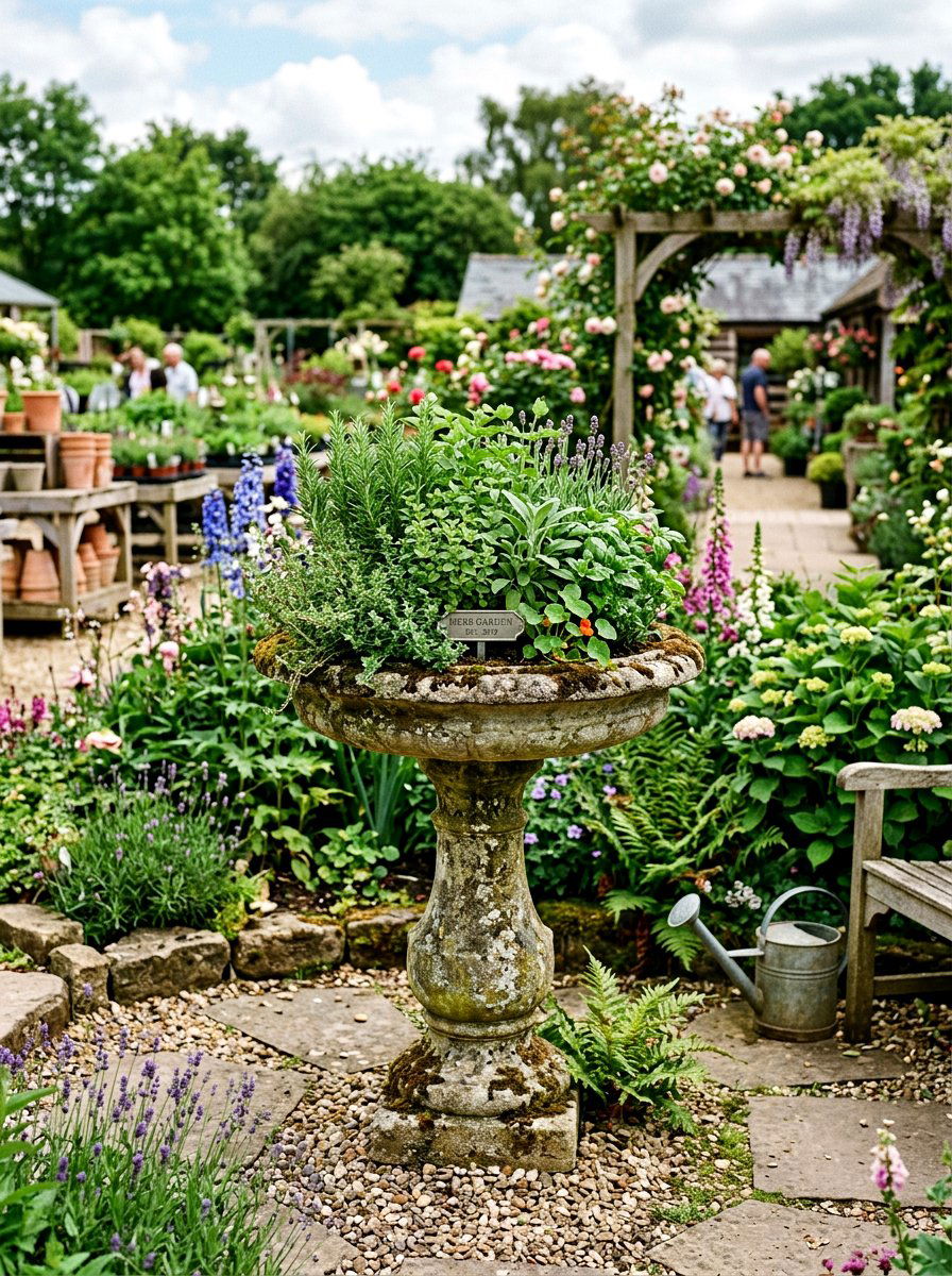 Birdbath Herb Garden - 25 Spring Herb Garden Decor Ideas