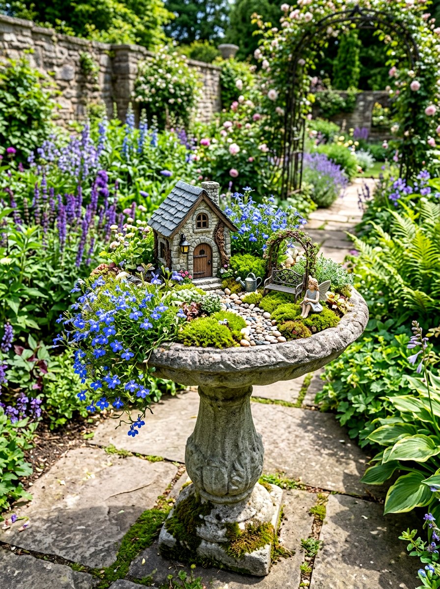 Birdbath fairy garden - 25 Spring Fairy Garden Ideas