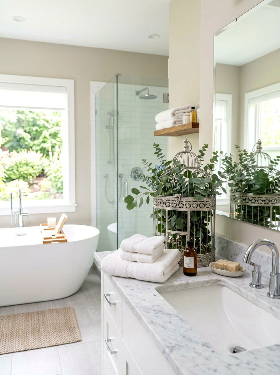 Birdcage Bathroom Decor With Eucalyptus - 25 Spring Birdcage Decor Ideas