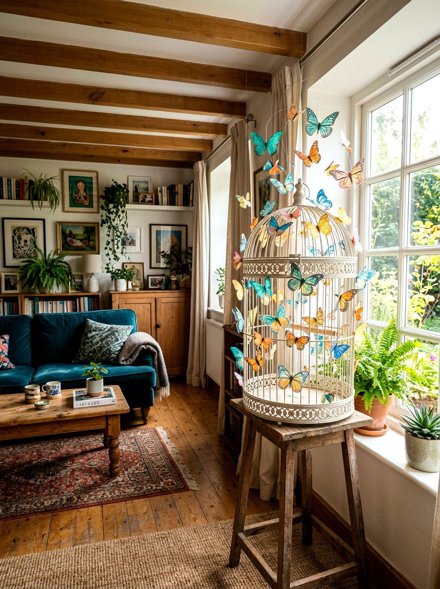 Birdcage Display With Paper Butterflies - 25 Spring Birdcage Decor Ideas