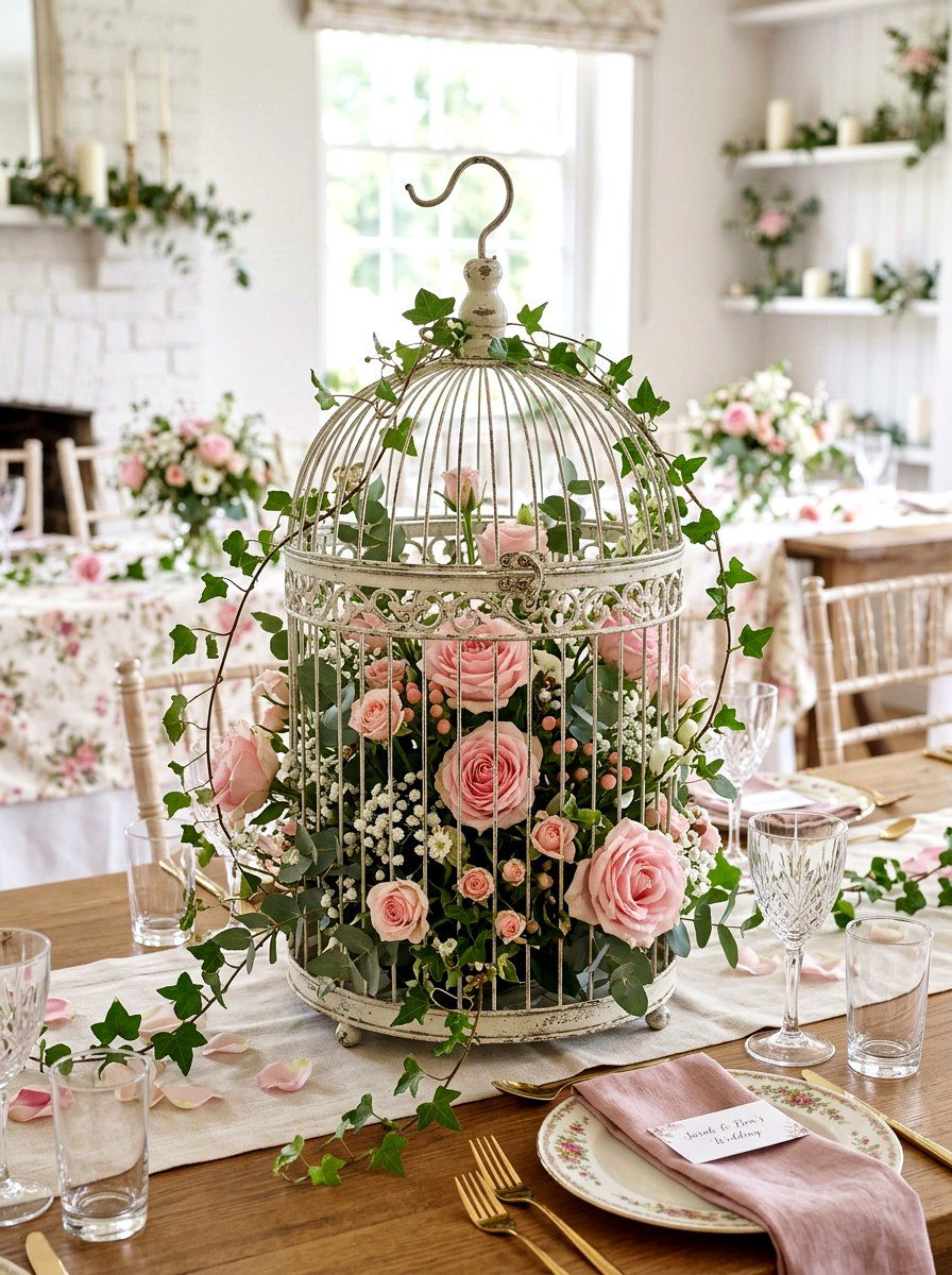 Birdcage Flower Arrangement - 25 Spring Bridal Shower Decor Ideas