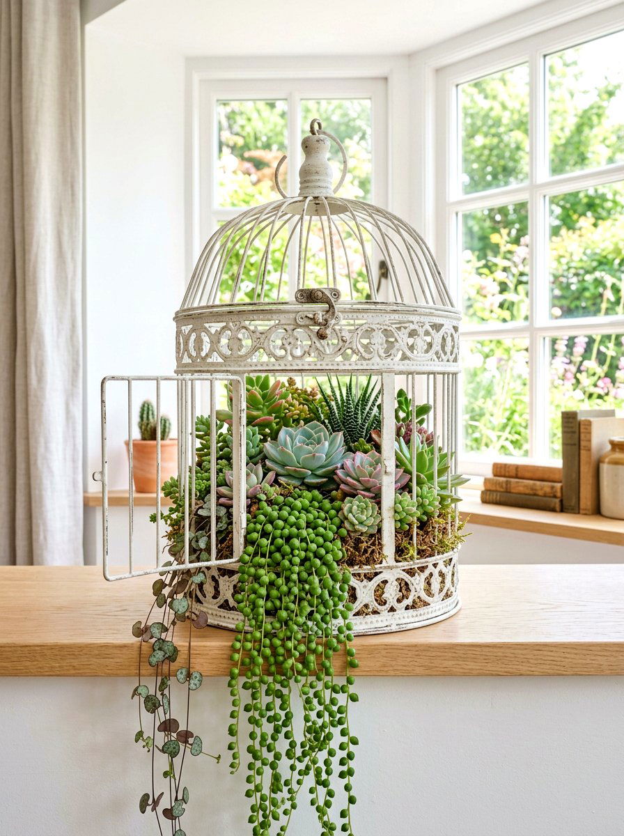 Birdcage Succulent Display - 25 Spring Succulent Centerpiece Ideas