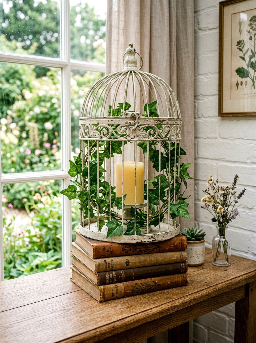 Birdcage With Candle And Greenery - 25 Spring Candle Centerpiece Ideas