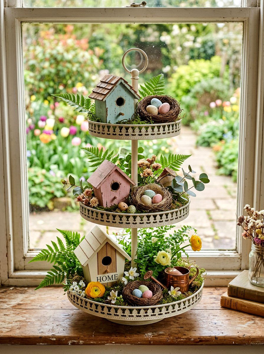 Birdhouse And Nest - 25 Spring Tiered Tray Decor Ideas