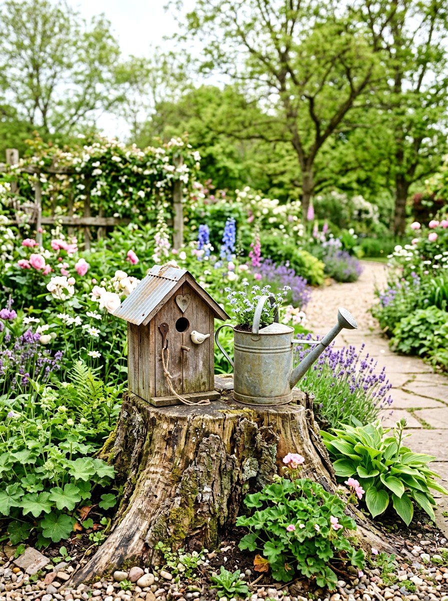 Birdhouse And Watering Can Garden Vignette - 25 Spring Watering Can Decor Ideas