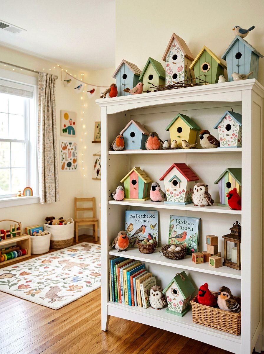 Birdhouse Decor On Playroom Shelves - 25 Spring Playroom Decor Ideas