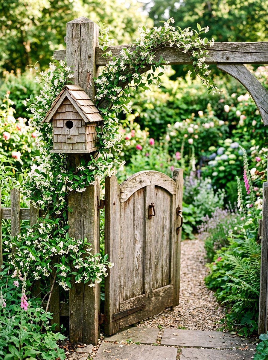 Birdhouse Garden Gate Display - 25 Spring Wooden Gate Decor Ideas