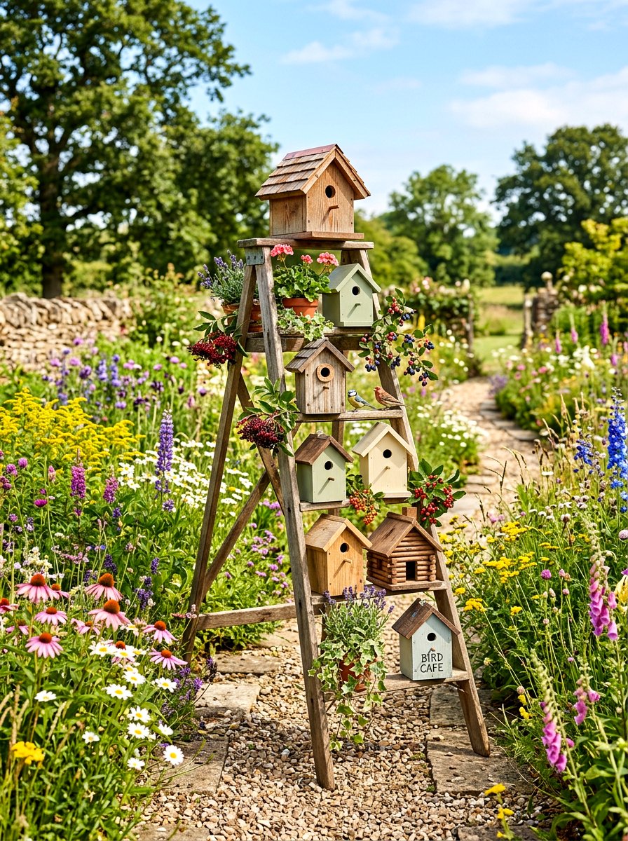 Birdhouse Garden Ladder Arrangement - 25 Spring Garden Ladder Display Ideas