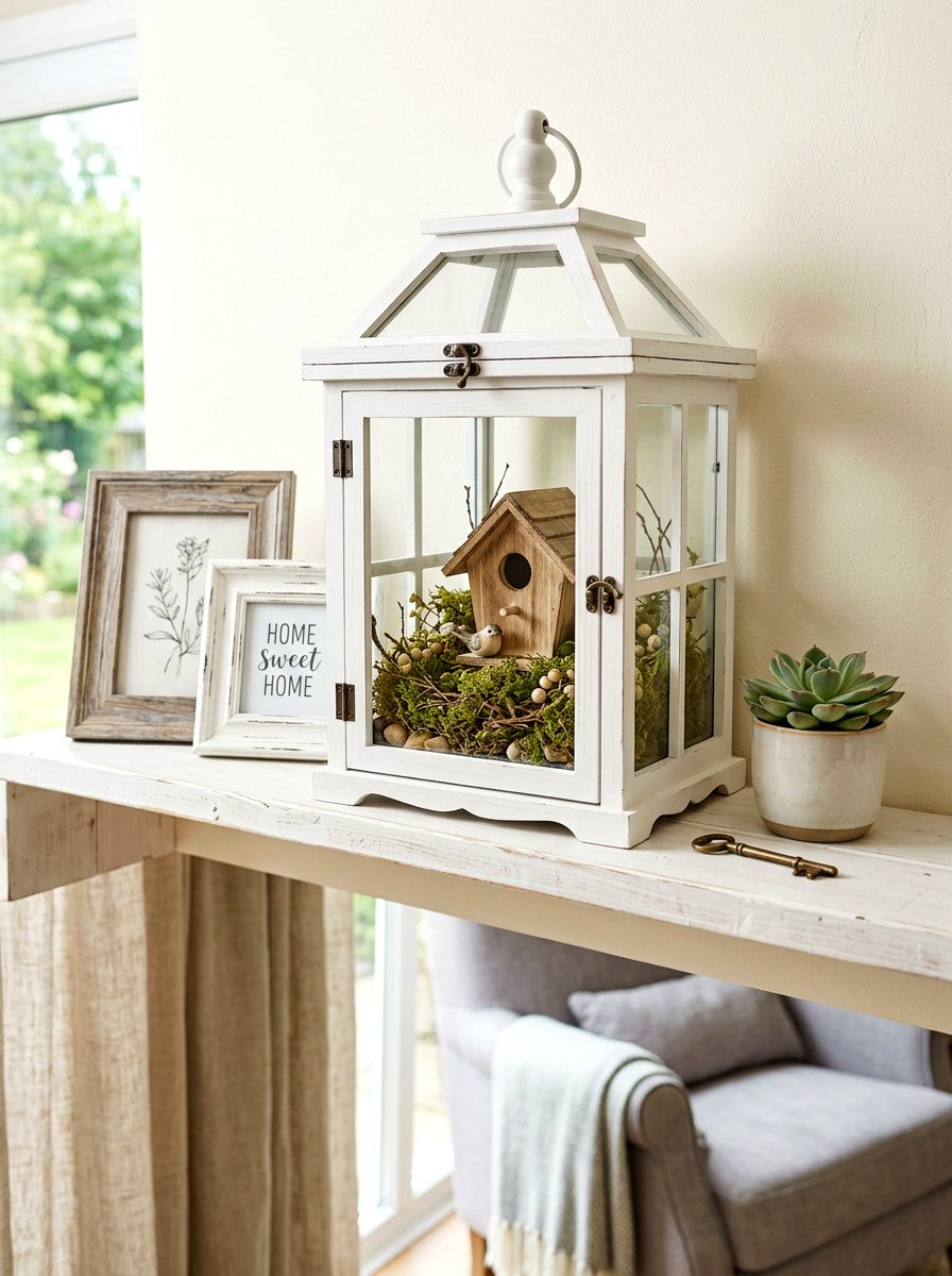Birdhouse Shelf Lantern - 25 Spring Lantern Decor Ideas