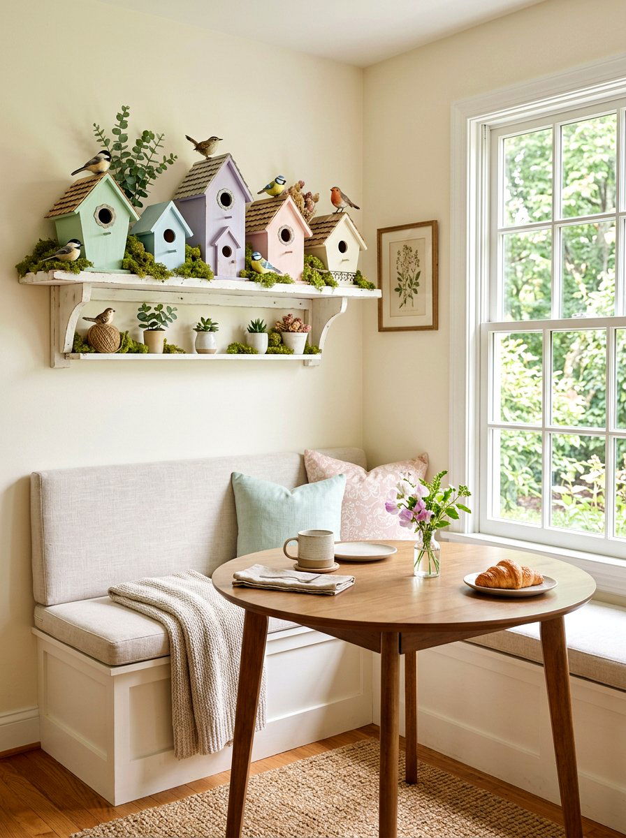 Birdhouse Shelf Vignette - 25 Spring Shelf Vignette Ideas