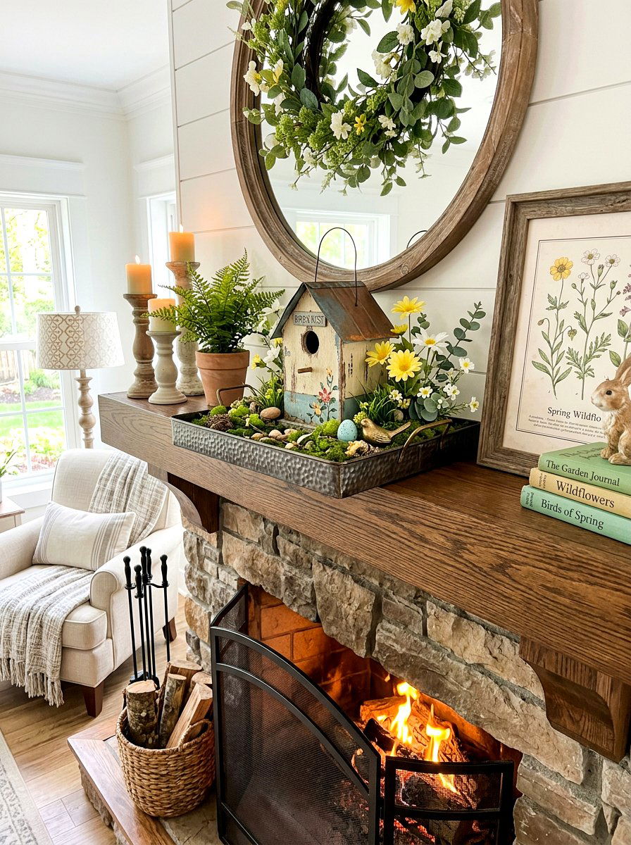 Birdhouse Tray Display - 25 Spring Metal Tray Decor Ideas