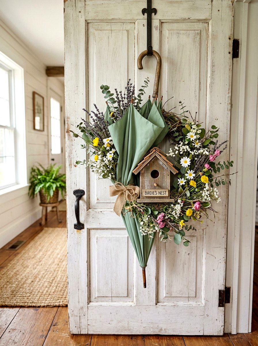 Birdhouse Umbrella Wreath - 25 Spring Umbrella Wreath Ideas