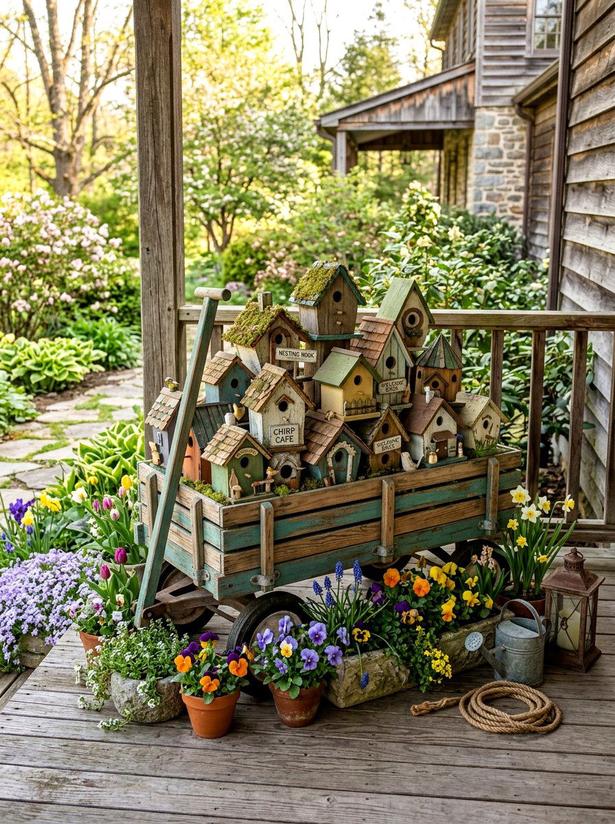 Birdhouse Wagon Scene - 25 Spring Porch Wagon Decor Ideas