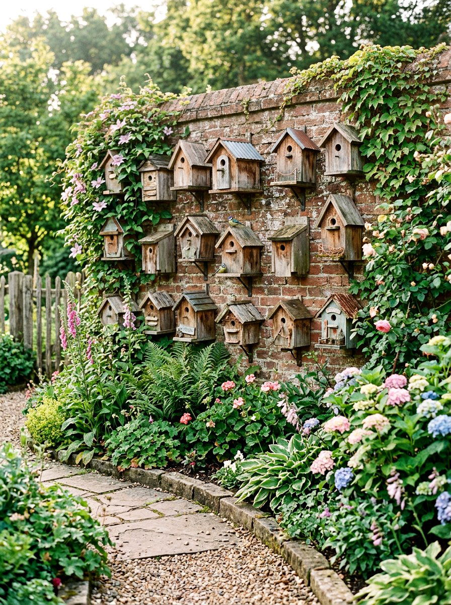 Birdhouse Wall Display For Brick - 25 Spring Brick Wall Decor Ideas