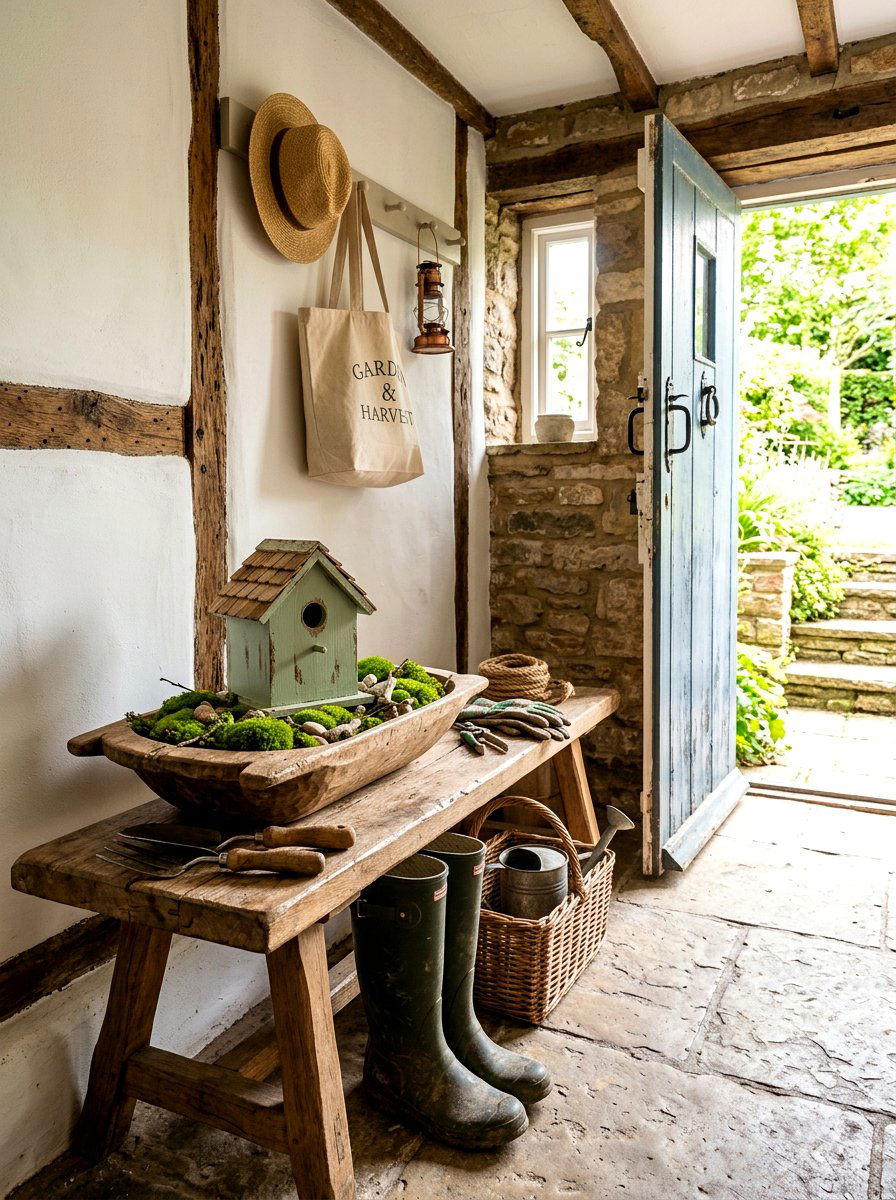 Birdhouse and Moss Scene - 25 Spring Dough Bowl Decor Ideas