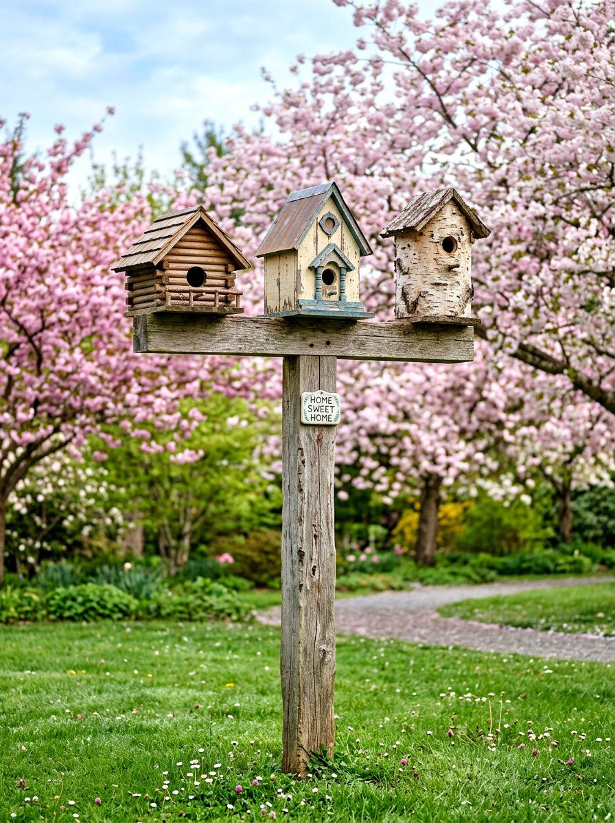 Birdhouse display - 25 Outdoor Spring Decor Ideas for Front Porch