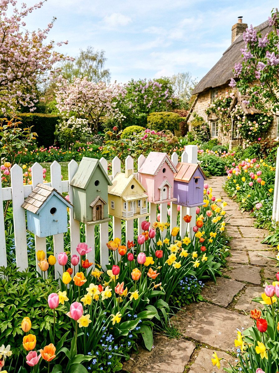 Birdhouse wall display - 25 Spring Garden Fence Decor Ideas