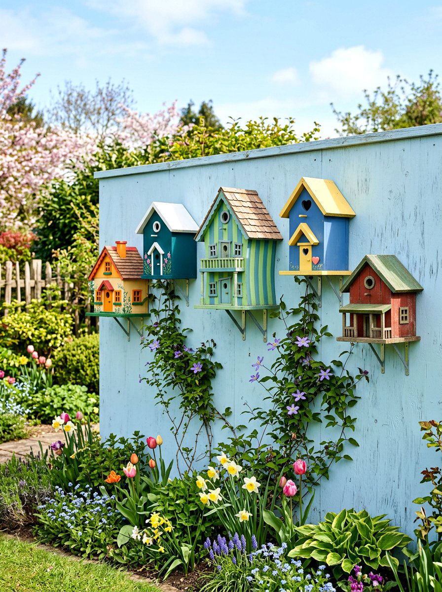 Birdhouse wall display - 25 Spring Garden Wall Decor Ideas