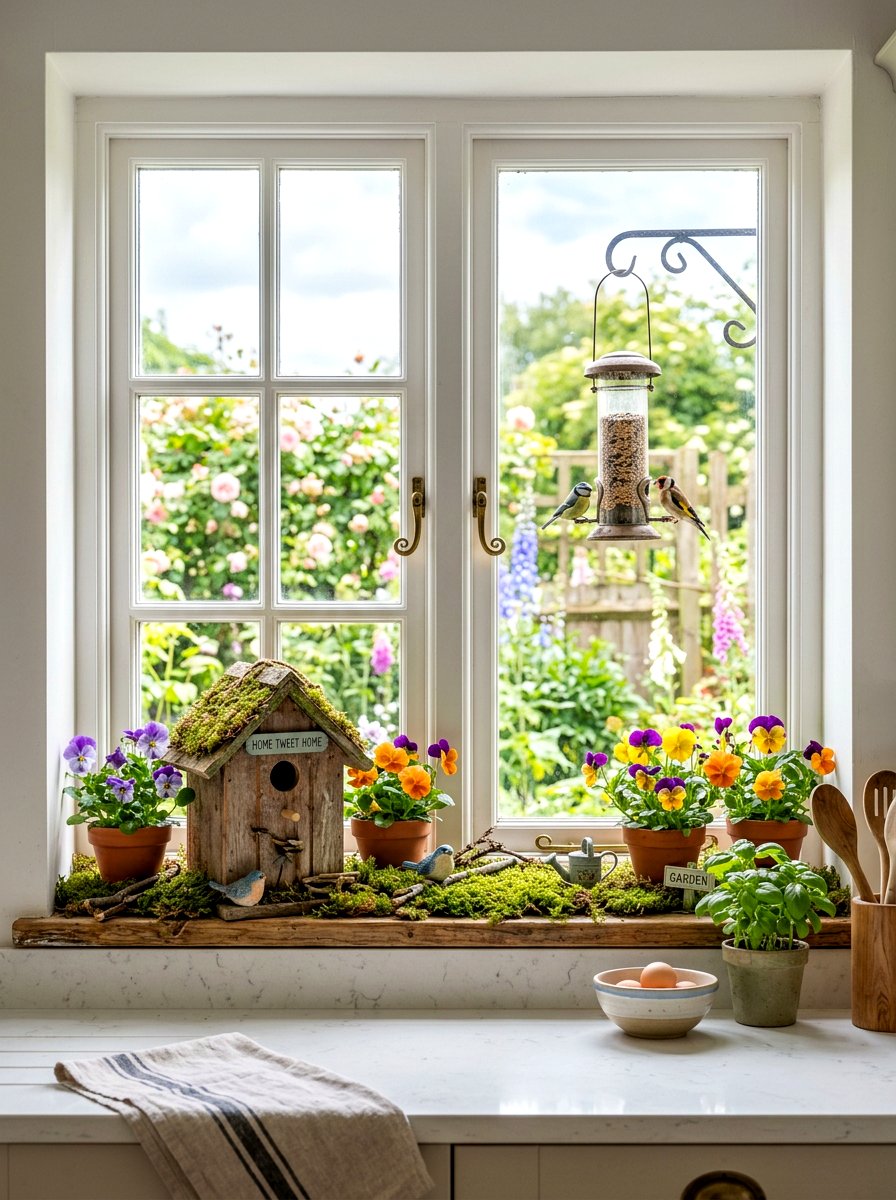 Birdhouse window decor - 25 Spring Kitchen Window Decor Ideas