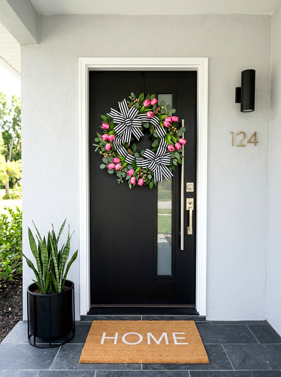 Black And White Striped Wreath - 25 Spring Ribbon Wreath Ideas