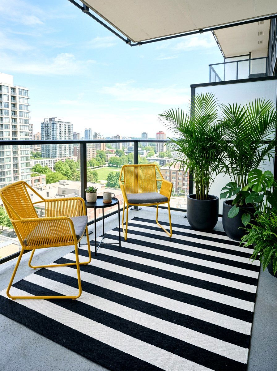 Black and white outdoor rug - 25 Spring Balcony Floor Decor Ideas