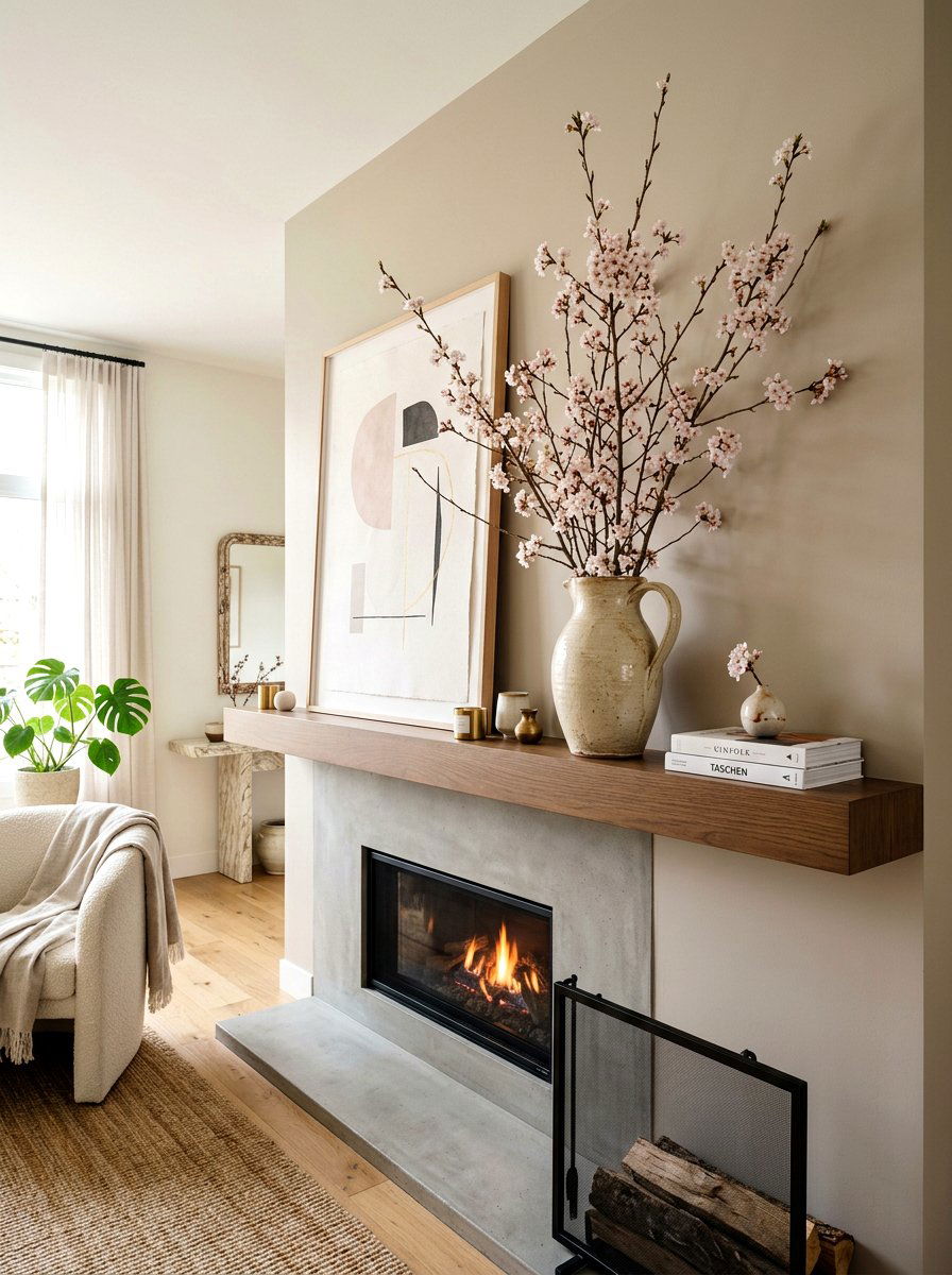 Blossom Branches In Tall Vase - 25 Spring Mantel Vignette Ideas