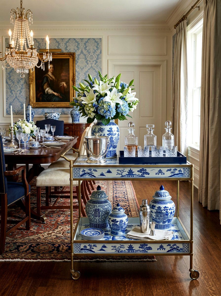 Blue And White Chinoiserie - 25 Spring Bar Cart Decor Ideas