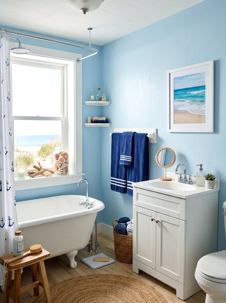 Blue And White Coastal Bathroom - 25 Spring Towel Rack Decor Ideas