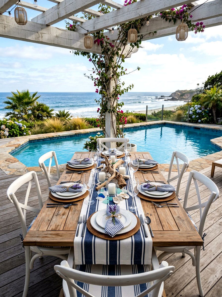 Blue And White Coastal Style - 25 Spring Outdoor Dining Table Decor Ideas