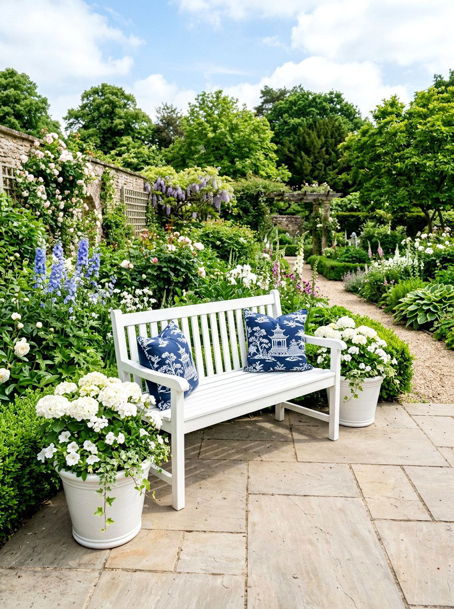 Blue And White Garden Bench - 25 Spring Garden Bench Decor Ideas